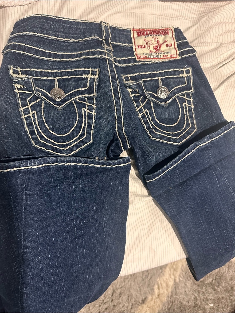 True Religion Women's Dark Blue Bootcut Jeans with Contrast Stitching